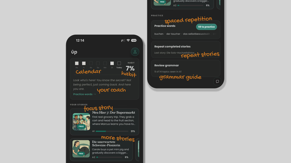 Upwordo – AI-native German learning app built around short stories for adults